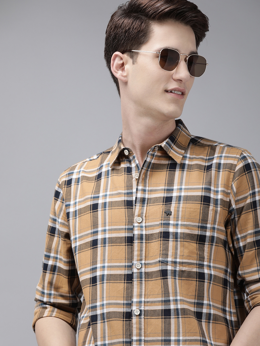 The Bear House | The Bear House Men Mustard Yellow & Blue Checked Slim Fit Cotton Casual Shirt