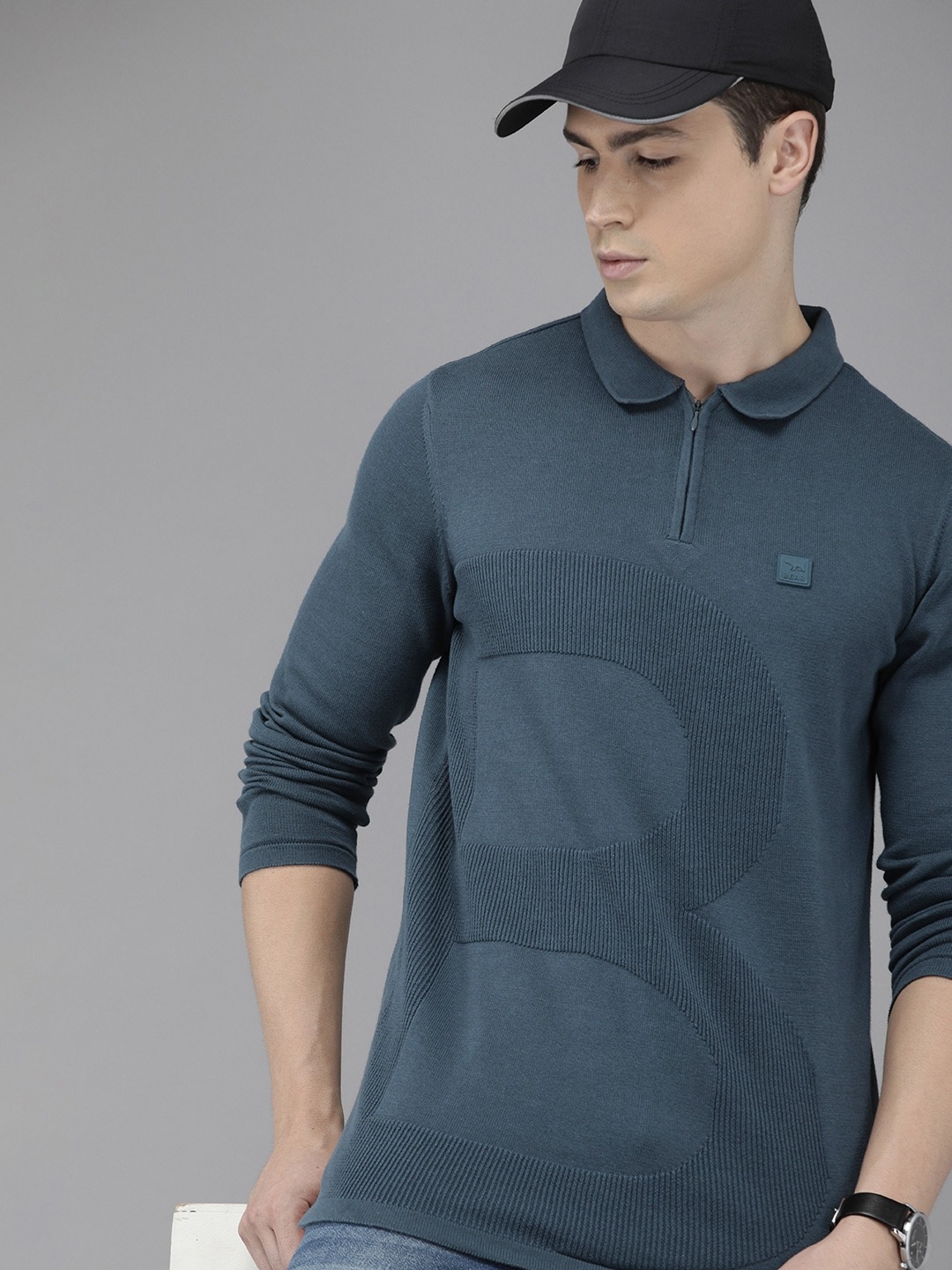 Ardor Edition Men Grey Self Design Polo Collar Slim Fit Cotton T-shirt