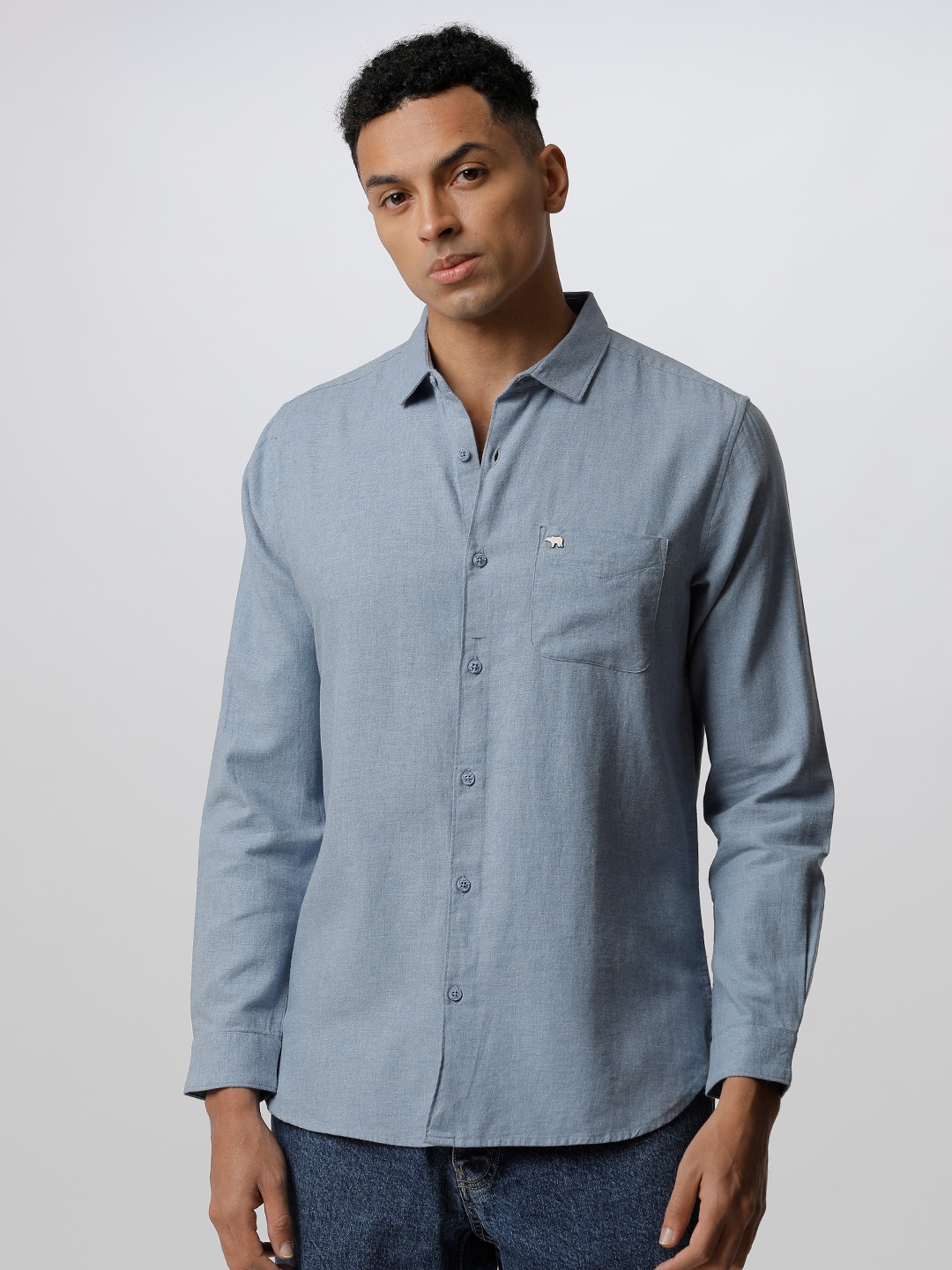 The Bear House Men Blue Solid Slim Fit Cotton Casual Shirt