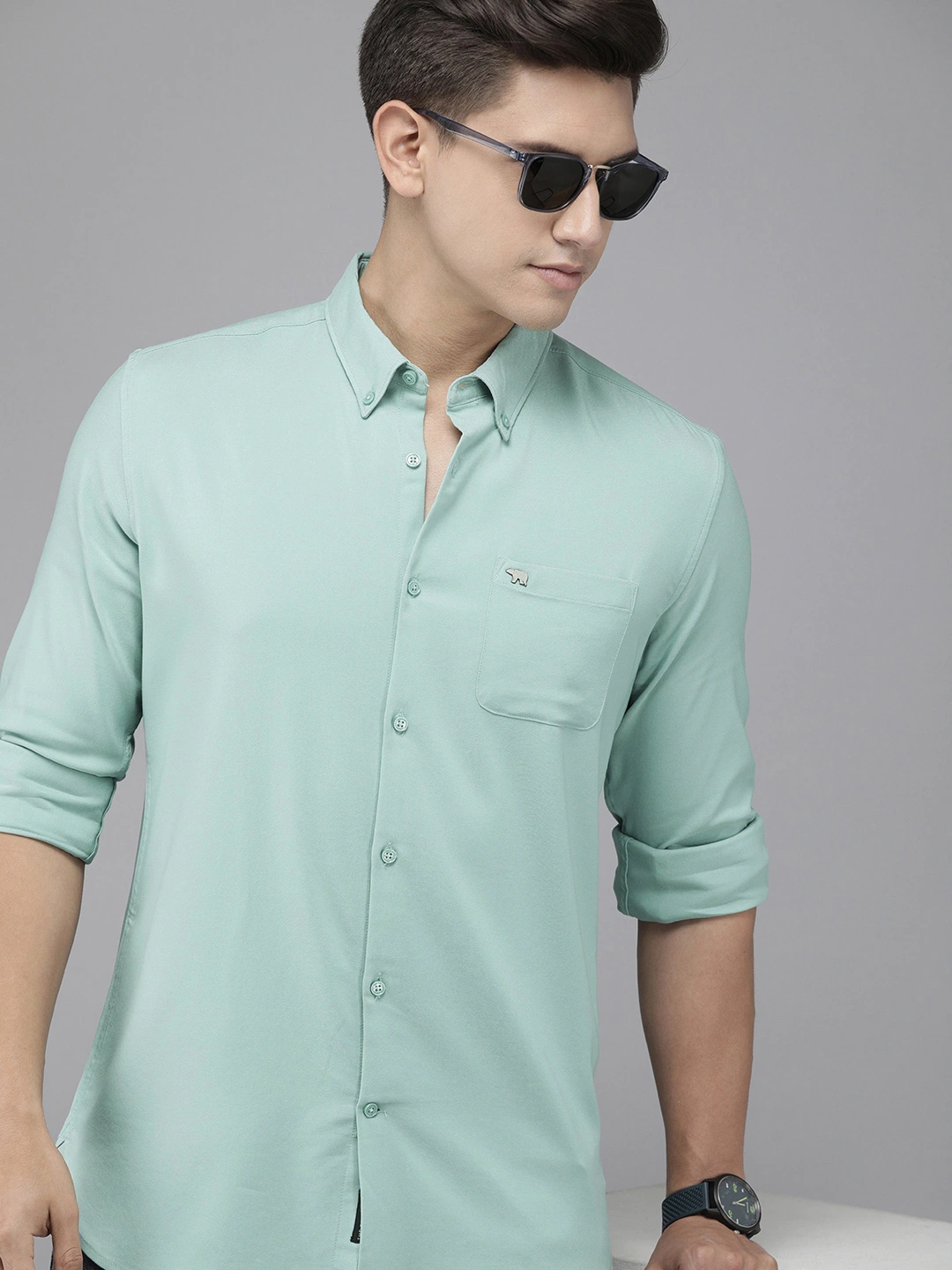 The Bear House | The Bear House Men Mint Green Slim Fit Solid Rayon Lycra Casual Shirt