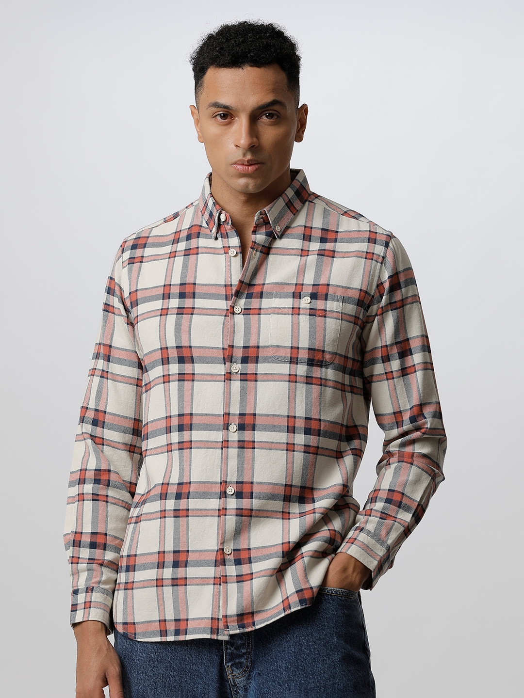 The Bear House Men Beige Checked Slim Fit Cotton Casual Shirt