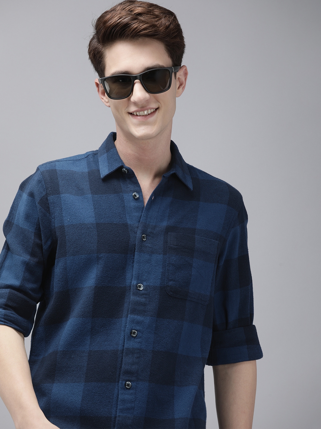 The Bear House | The Bear House Men Navy Blue Checked Slim Fit Flannel Cotton Casual Shirt
