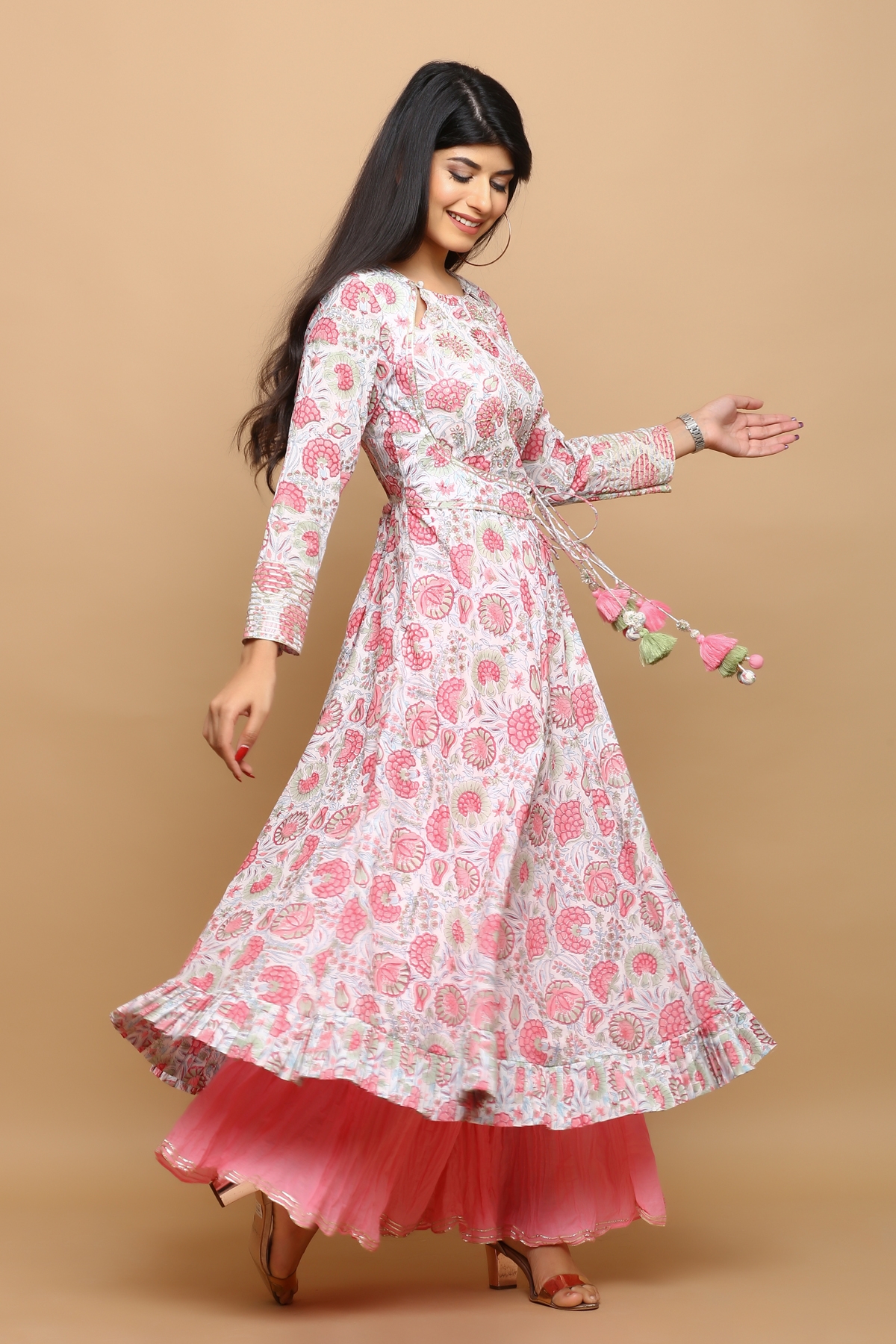 White jal anarkali with work in the centre and pink shrara
