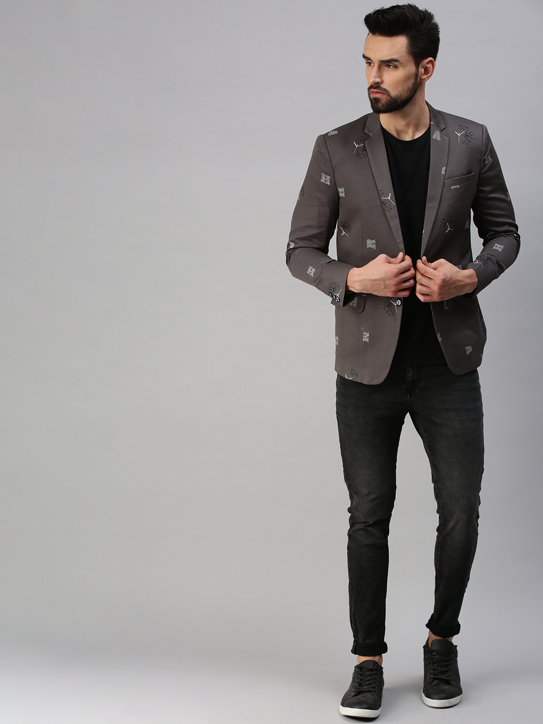 SHOWOFF Men's Notched Lapel Single-Breasted Grey Printed Blazer