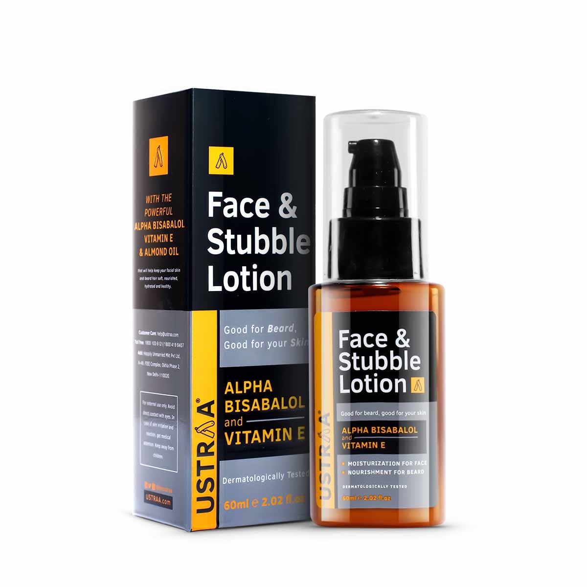 Ustraa Face & Stubble Lotion 60 ml - For Beard Softening, Dermatologically Tested, With Vitamin E & Almond Oil, No Mineral Oils, No Silicones, No Parabens