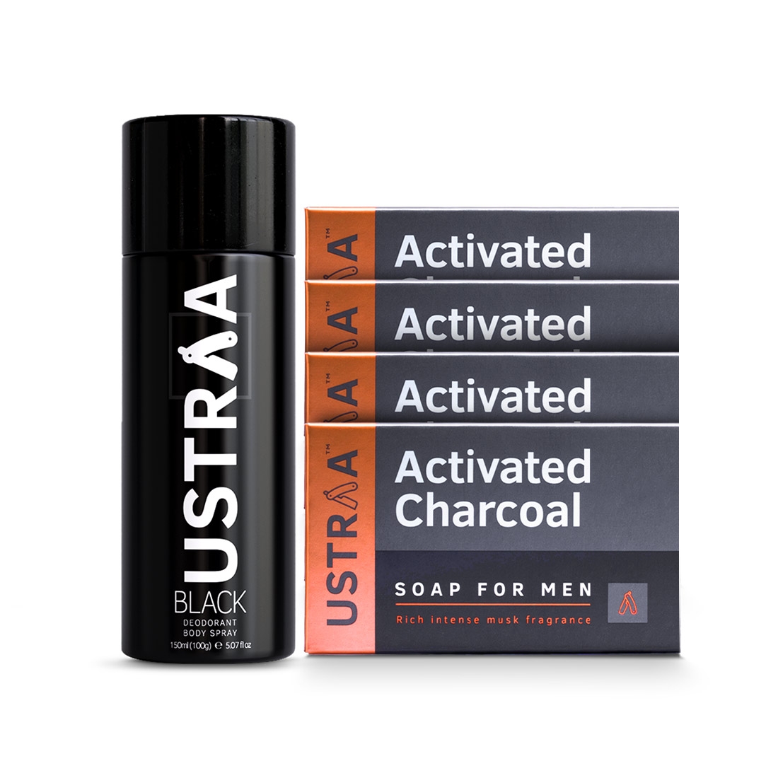 Ustraa | Ustraa Black Deodorant 150 ml & Activated Charcoal Soap 100g (Pack of 4)