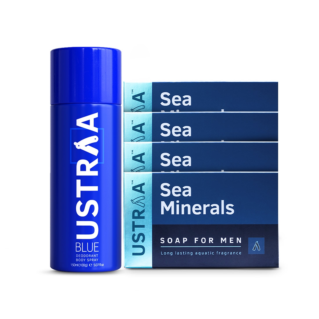 Ustraa | Ustraa Blue Deodorant - 150 ml & Sea Minerals Soap - 100g (Pack of 4)