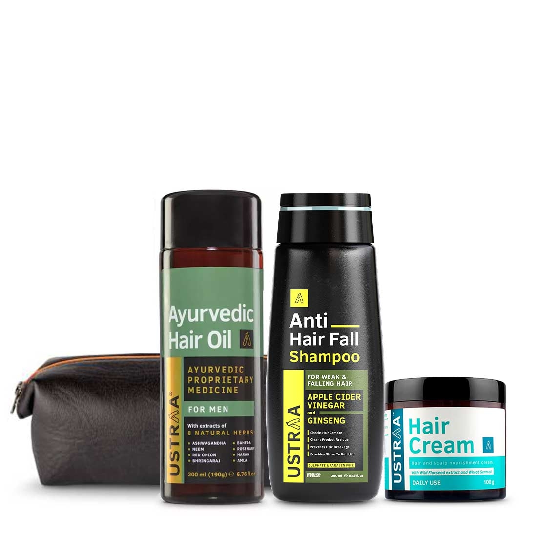 Ustraa | Ustraa Hair Lover Kit (Ayurvedic Hair Oil 200ml, Anti Hair Fall Shampoo 200ml, Hair Cream Daily Use 100g, , Travel Kit - PU Bag)