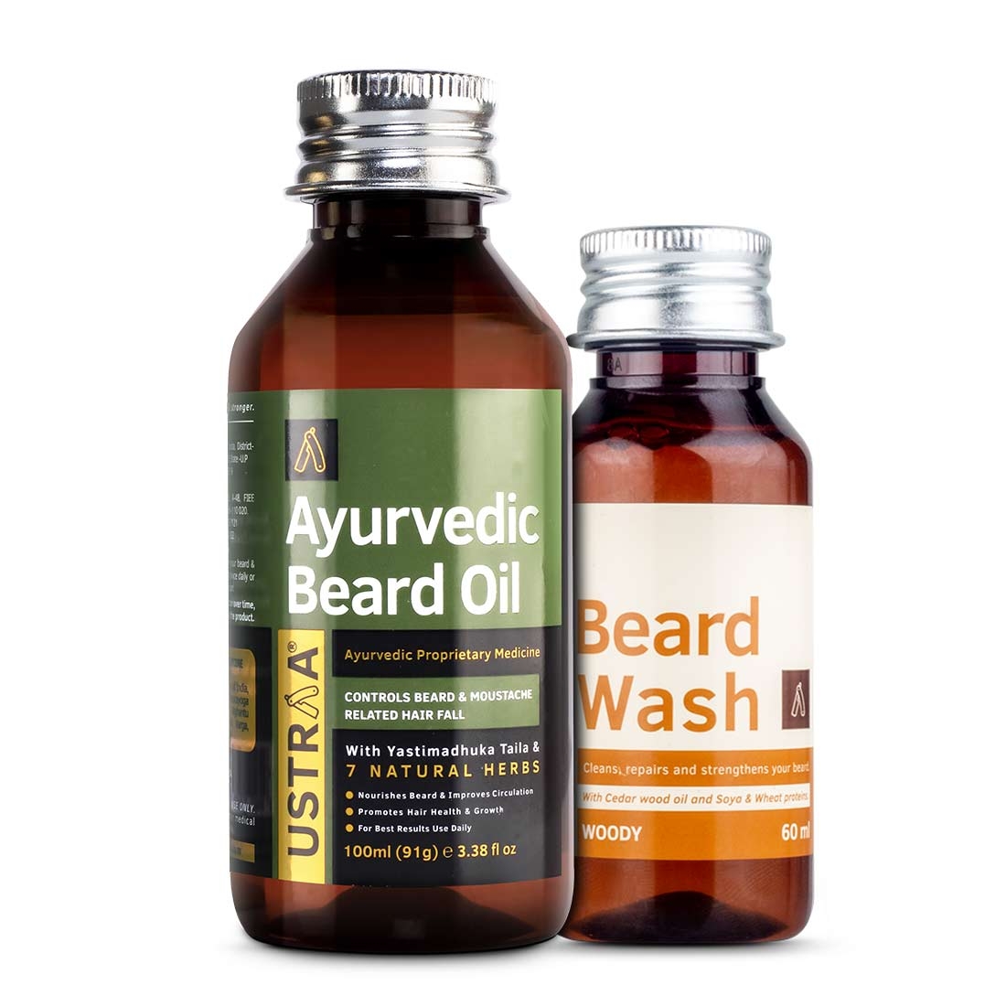 Ustraa | Ustraa Ayurvedic Beard Growth Oil -100ml & Beard Wash Woody - 60ml