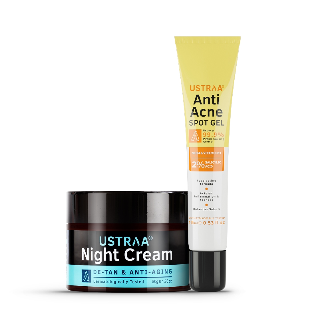 Ustraa Anti Acne Spot Gel - 15ml & Night Cream - De-tan and Anti-aging - 50g