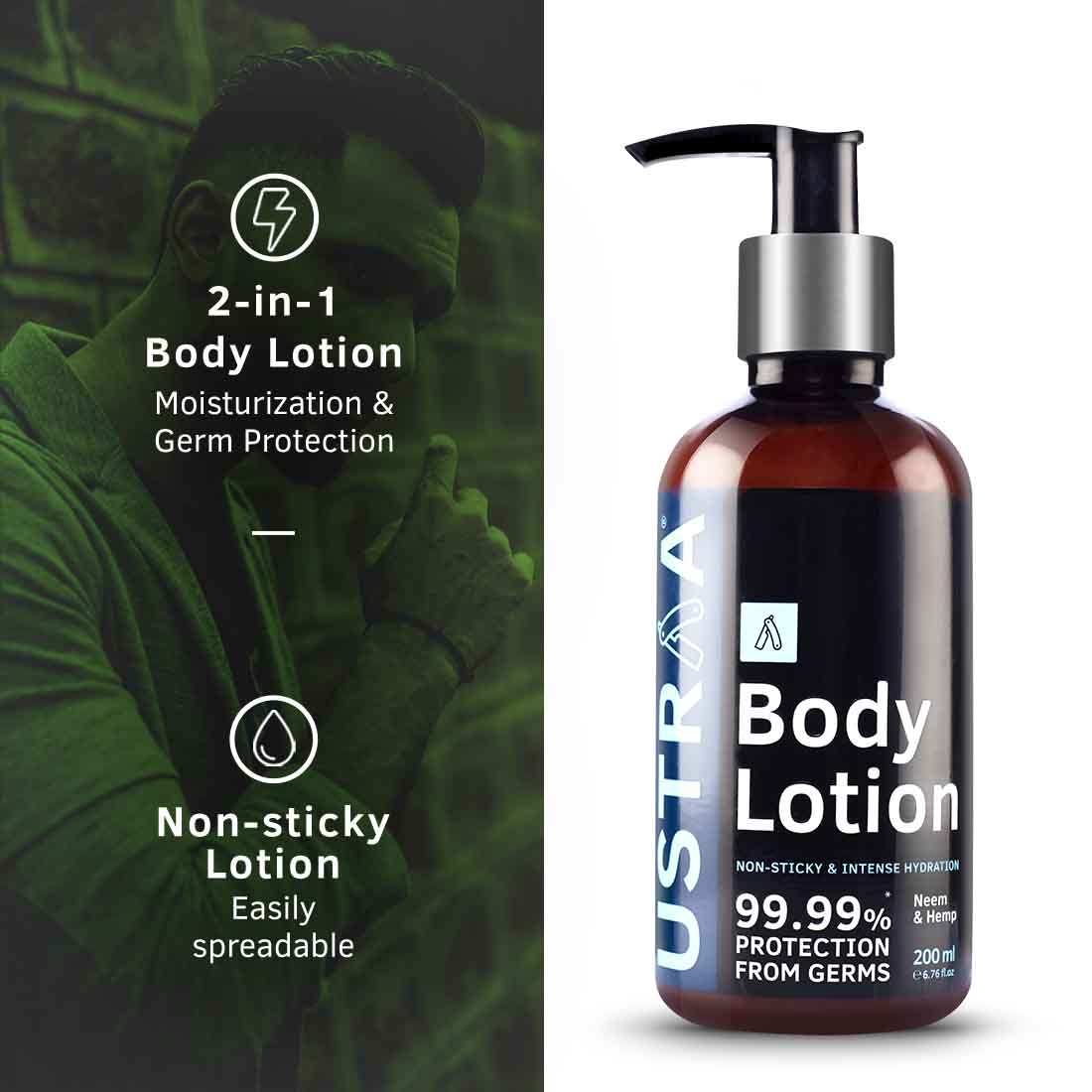Ustraa Body Lotion Germ Free- 200ml &  Face Wash Acne Control - With Neem & Charcoal 200g