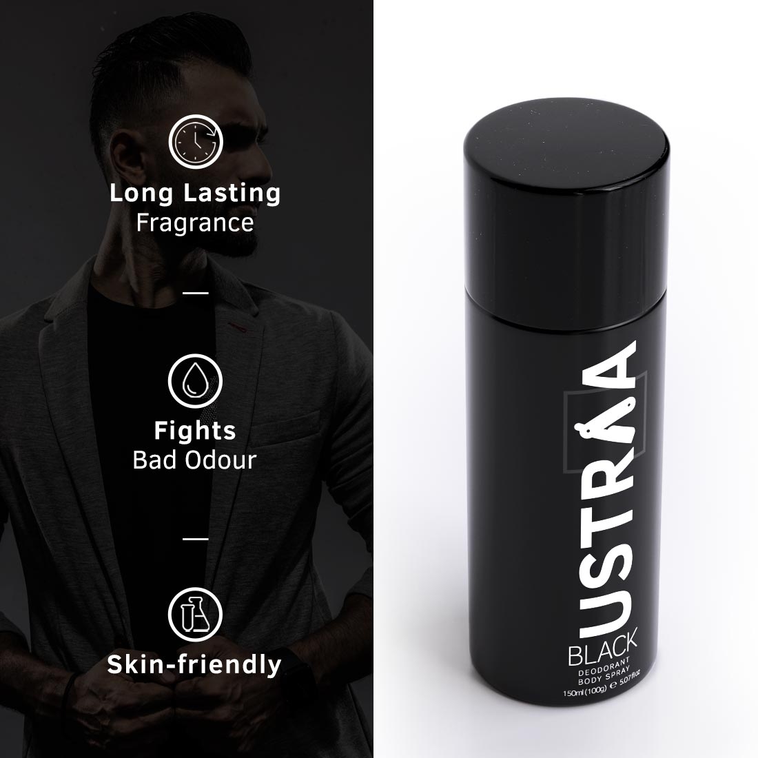 Ustraa Hair Vitalizer Shampoo - 250ml & Black Deodorant - Body Spray - 150ml