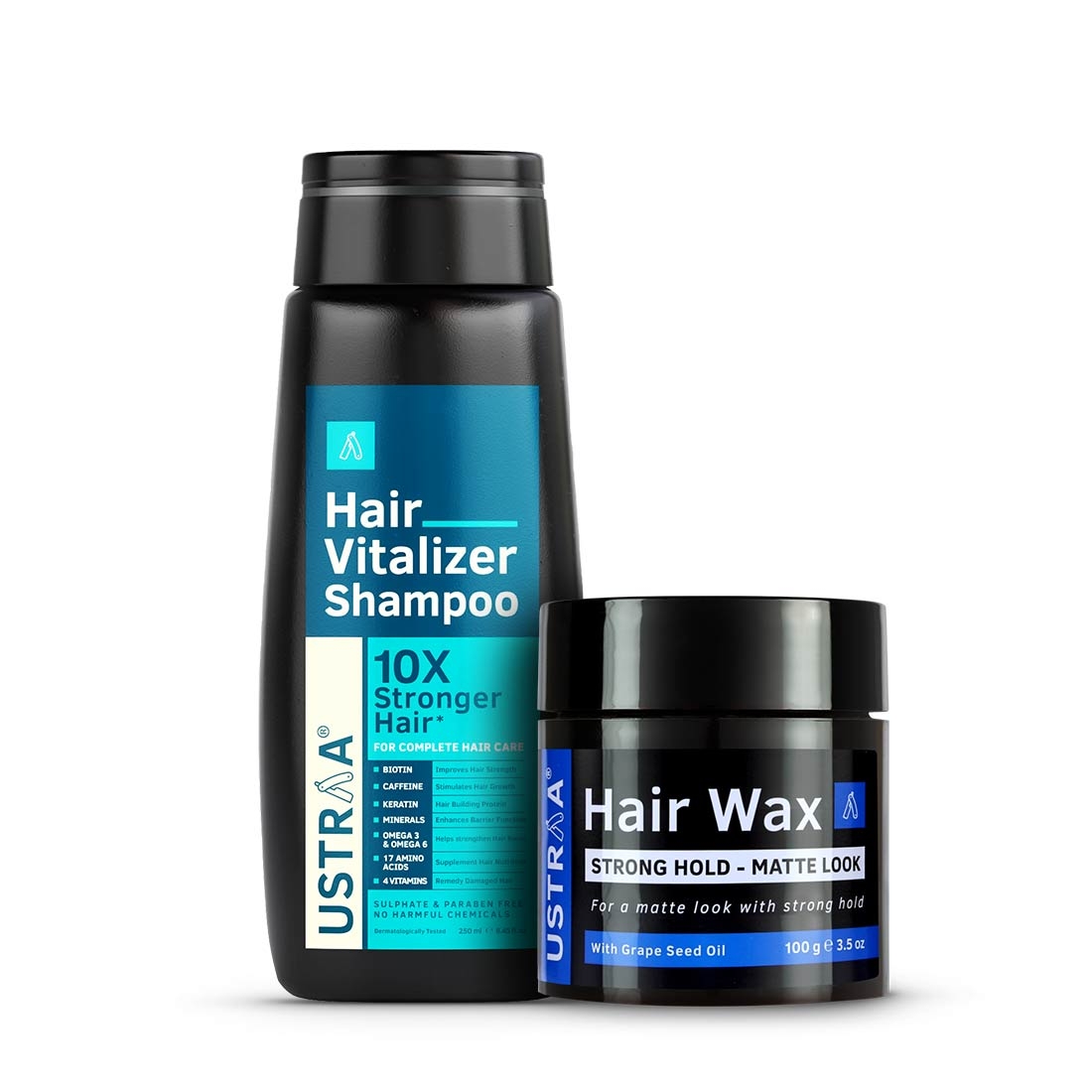 Ustraa | Ustraa Hair Vitalizer Shampoo - 250ml & Hair Wax - Strong Hold, Matte Look - 100g 
