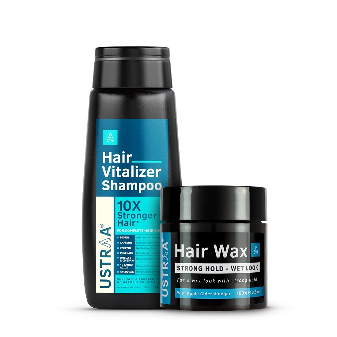 Ustraa Hair Vitalizer Shampoo - 250ml & Hair Wax - Strong Hold, Wet Look - 100g