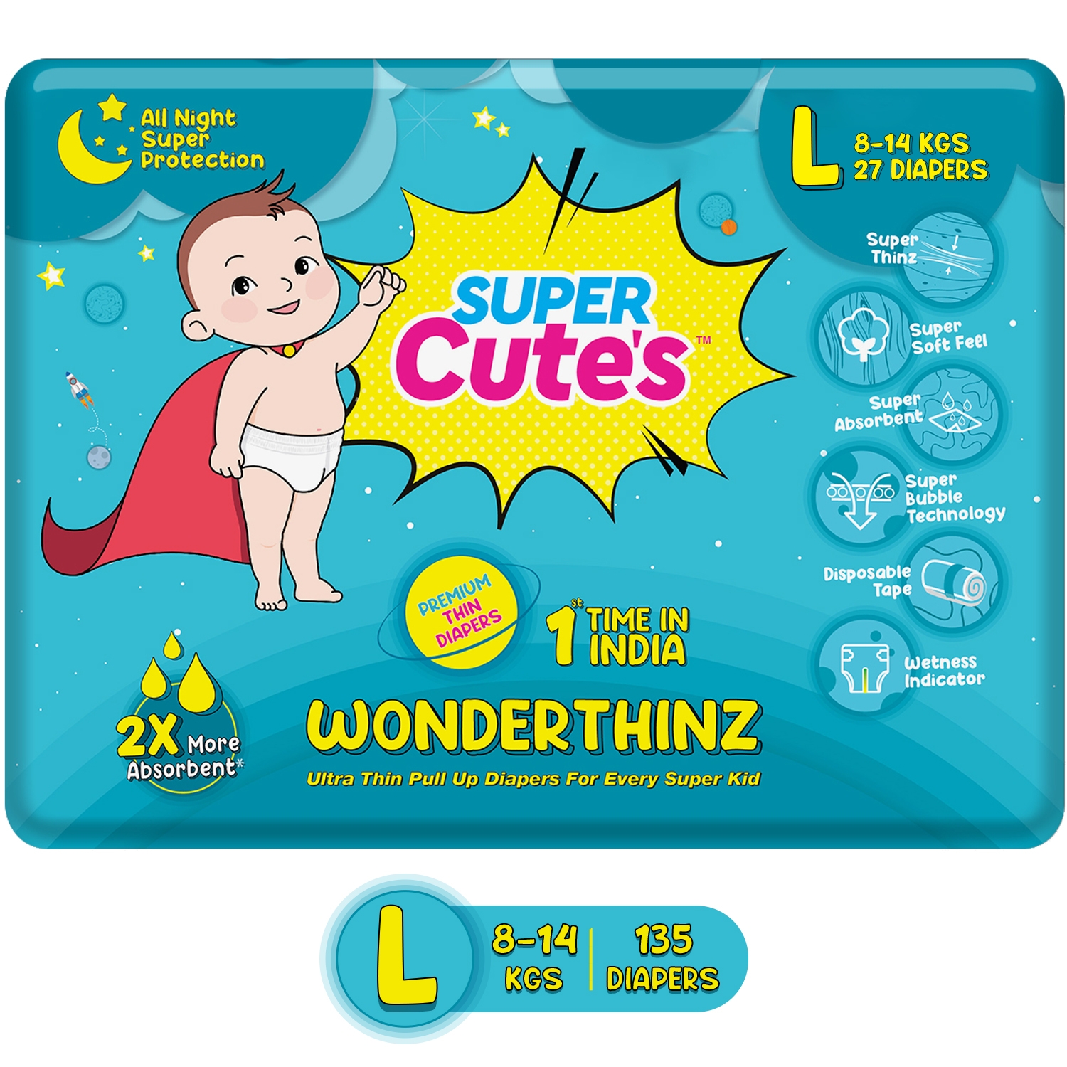 Super Cute's | Super Cute's Wonderthinz Diaper - Large (9-14 Kg)-27 Pieces (Combo Of 5)