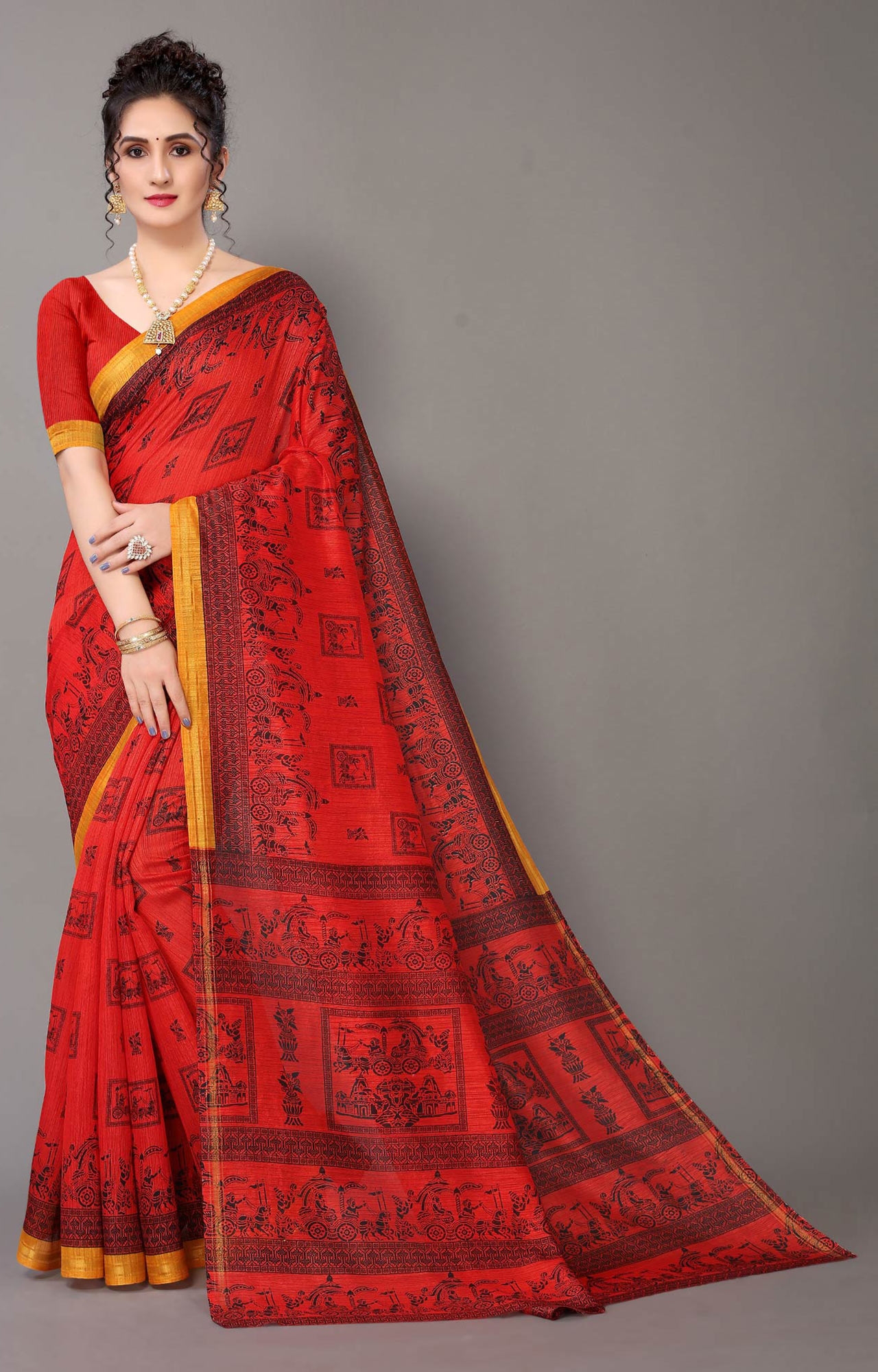 SHAILY RETAILS | Women Daily Wear Red Traditional Printed Art Silk Saree - HAL29ART00113RED