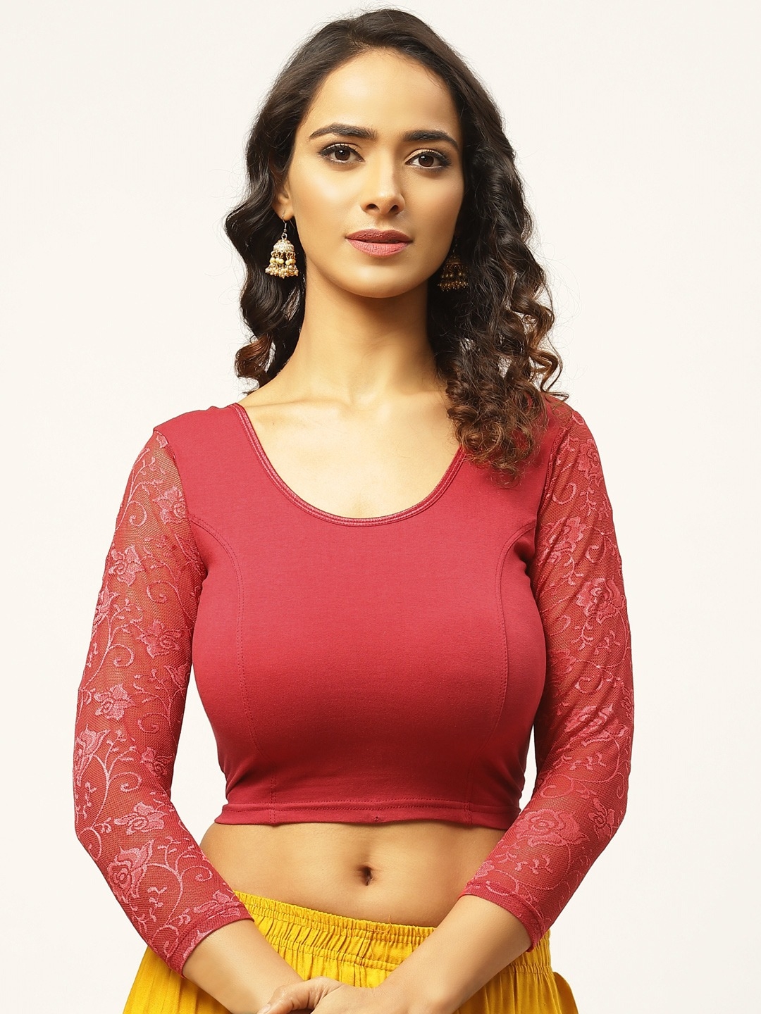 Vastranand | VASTRANAND Women Maroon Solid Stretchable Saree Blouse With Lace Detail