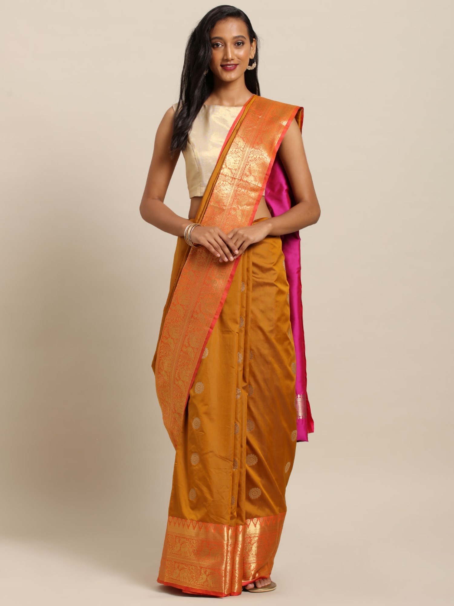 Vastranand | VASTRANAND  Mustard & Gold-Toned Silk Blend Printed Kanjeevaram Saree