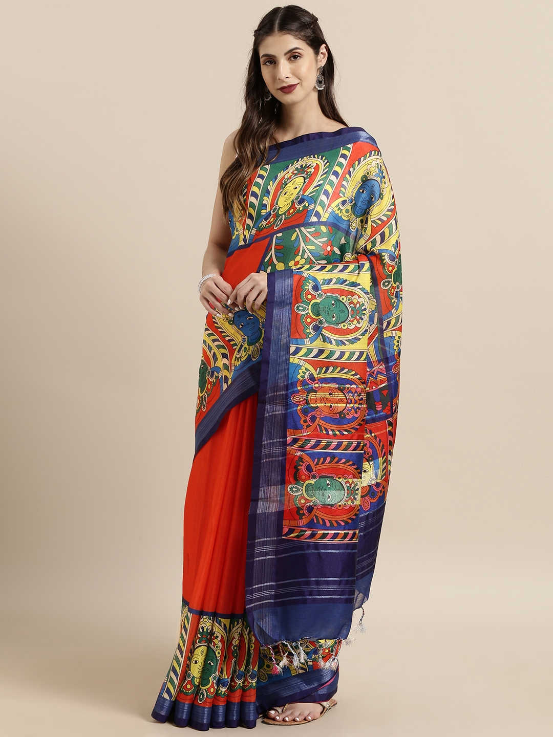 Vastranand | VASTRANAND  Red & Navy Blue Linen Blend kalamkari Printed Saree