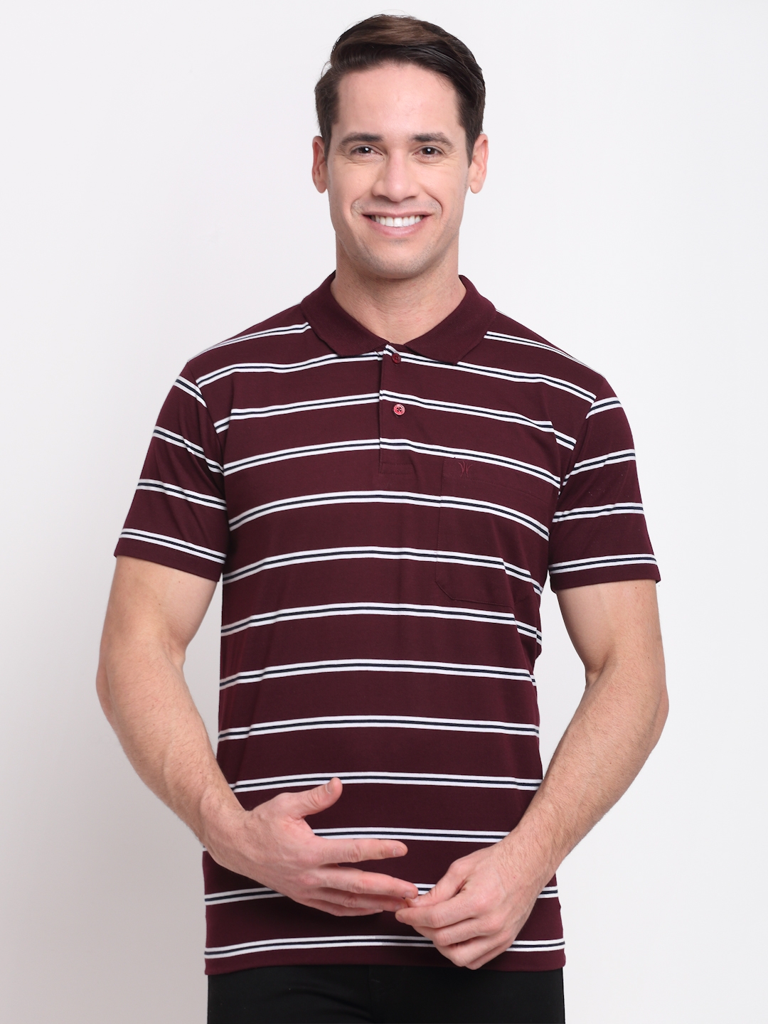 VENITIAN | Venitian Mens Striped Polo Neck Cotton Maroon T-shirt With Pocket