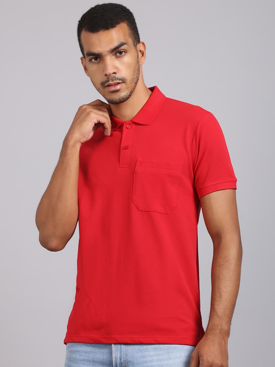 VENITIAN | Venitian Men Solid Polo Neck Red Cotton T-Shirt With Pocket (M)