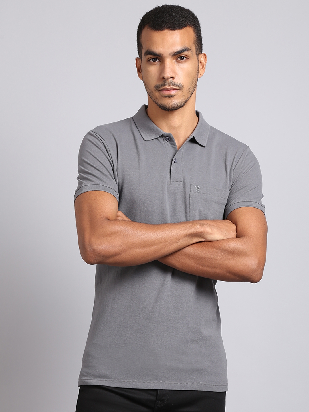 VENITIAN | Venitian Men Solid Polo Neck Grey Cotton T-Shirt With Pocket (M)