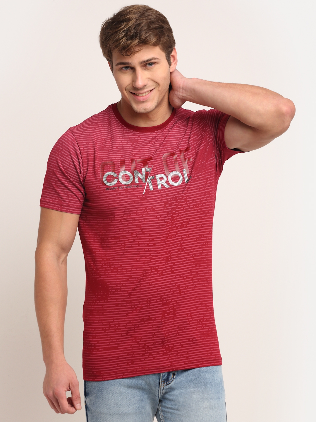 VENITIAN | Venitian Men Printed Cotton Lycra Round Neck Maroon T-Shirt