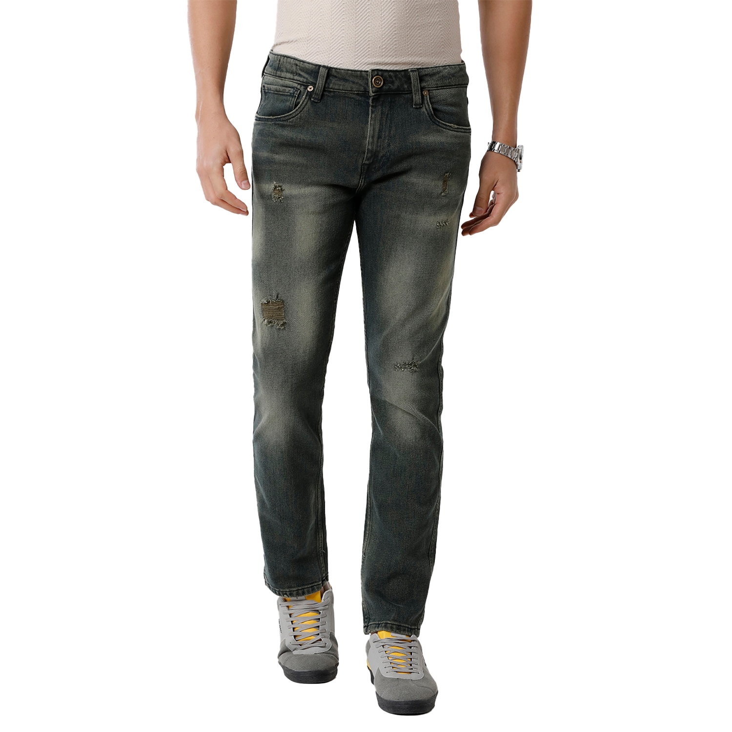 Voi Jeans | VOI Jeans Men's Green 100% Cotton Slim Fit Solid Distress Jeans