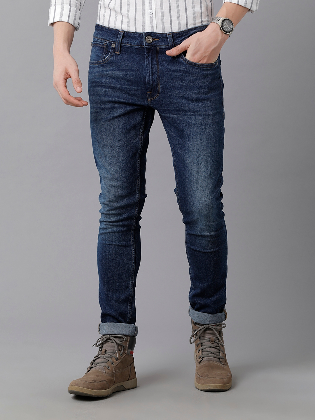 VOI JEANS Men's Solid Indigo Cotton Blend Mid Rise Skinny Fit Jeans