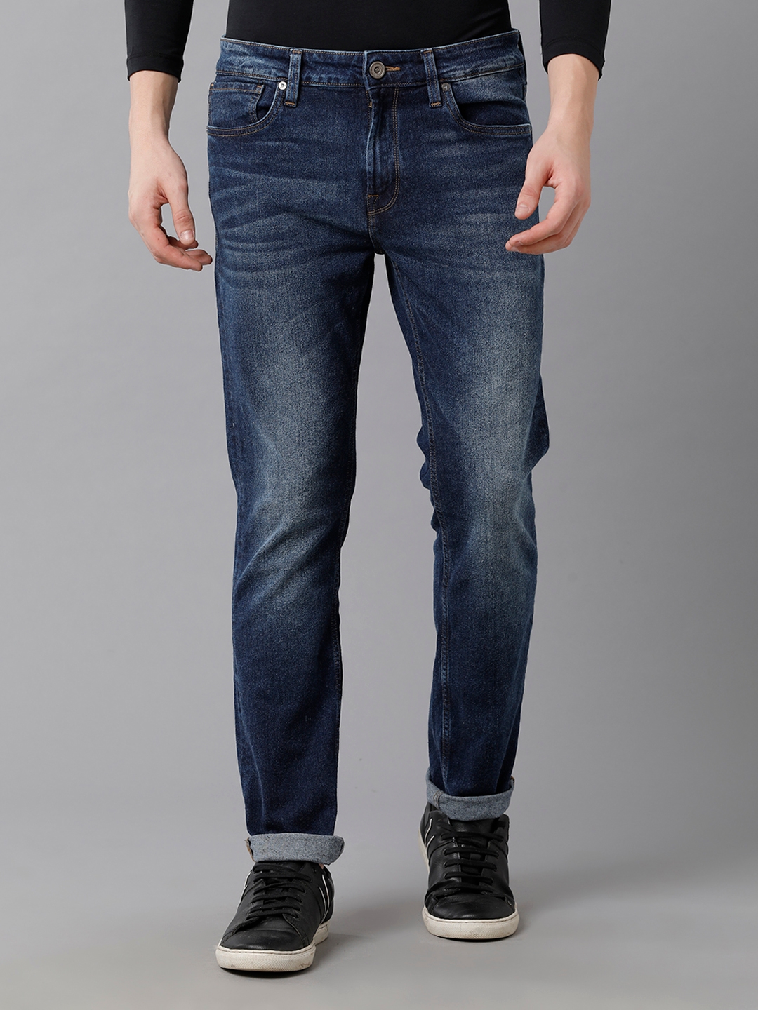 VOI JEANS Men's Solid Indigo Cotton Blend Comfort Fit Mid Rise Jeans