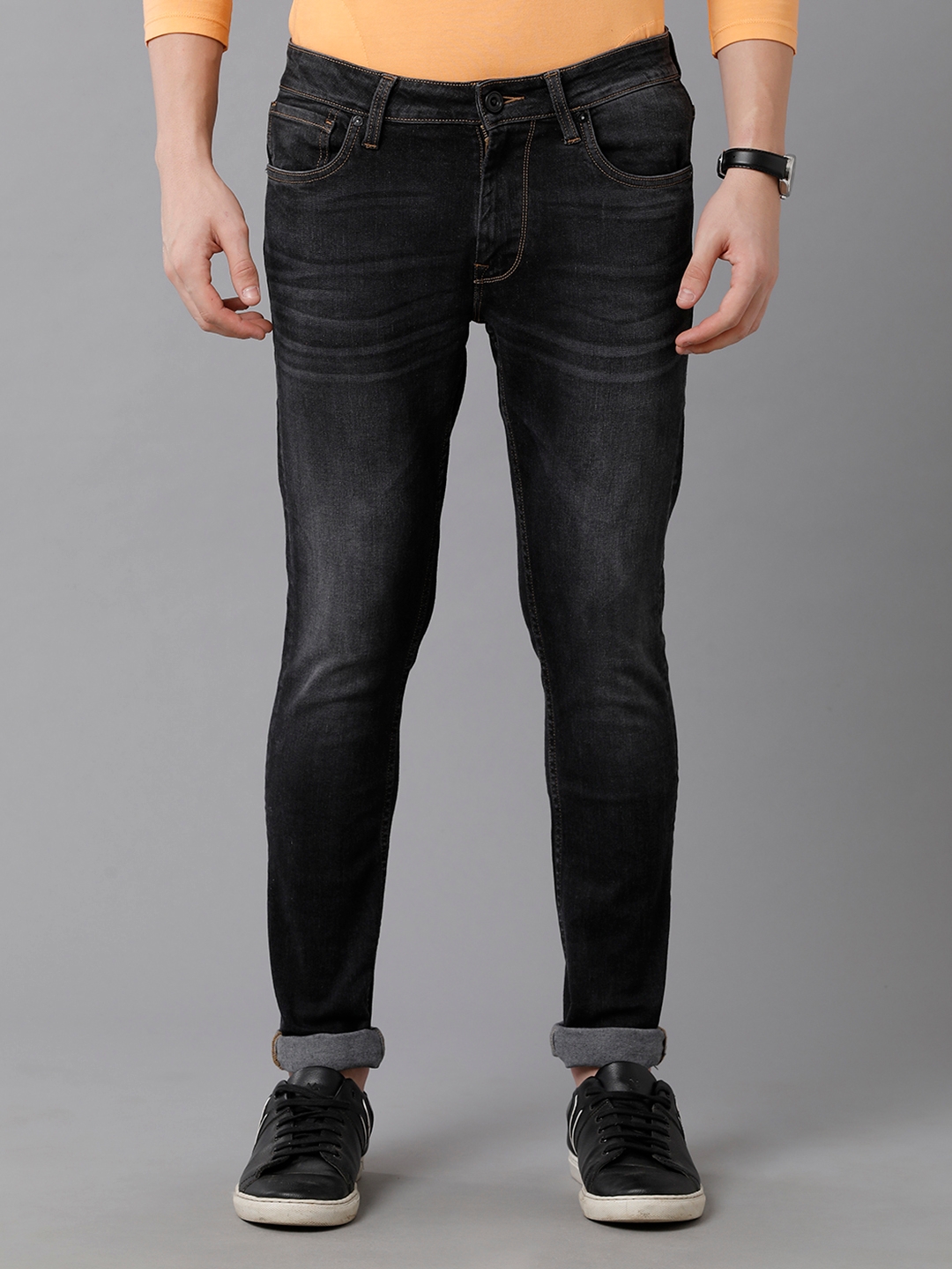 VOI JEANS Men's Solid Black Cotton Blend Skinny Fit Mid Rise Jeans