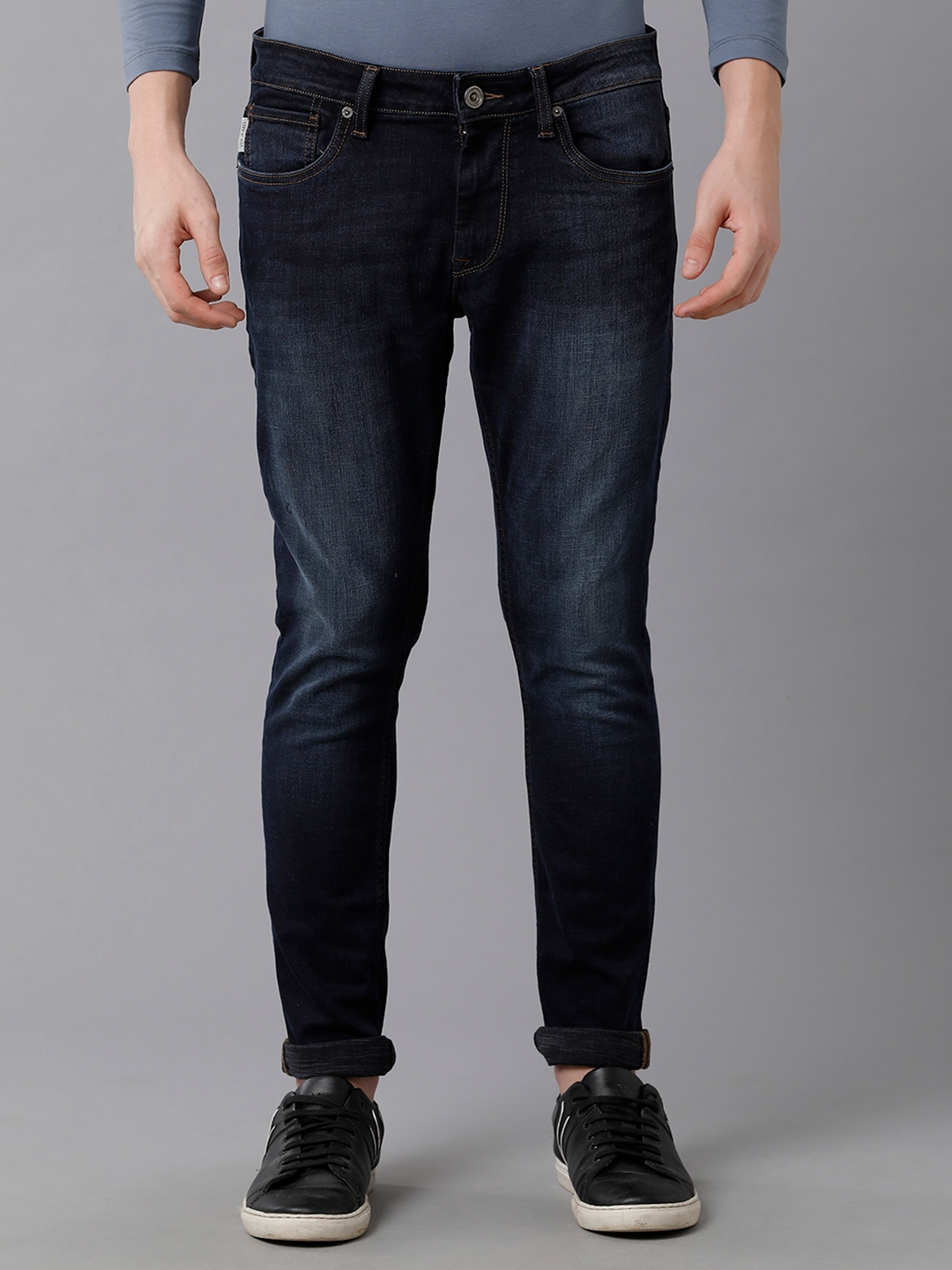VOI JEANS Men's Solid Indigo Cotton Blend Skinny Fit Flat Front Jeans