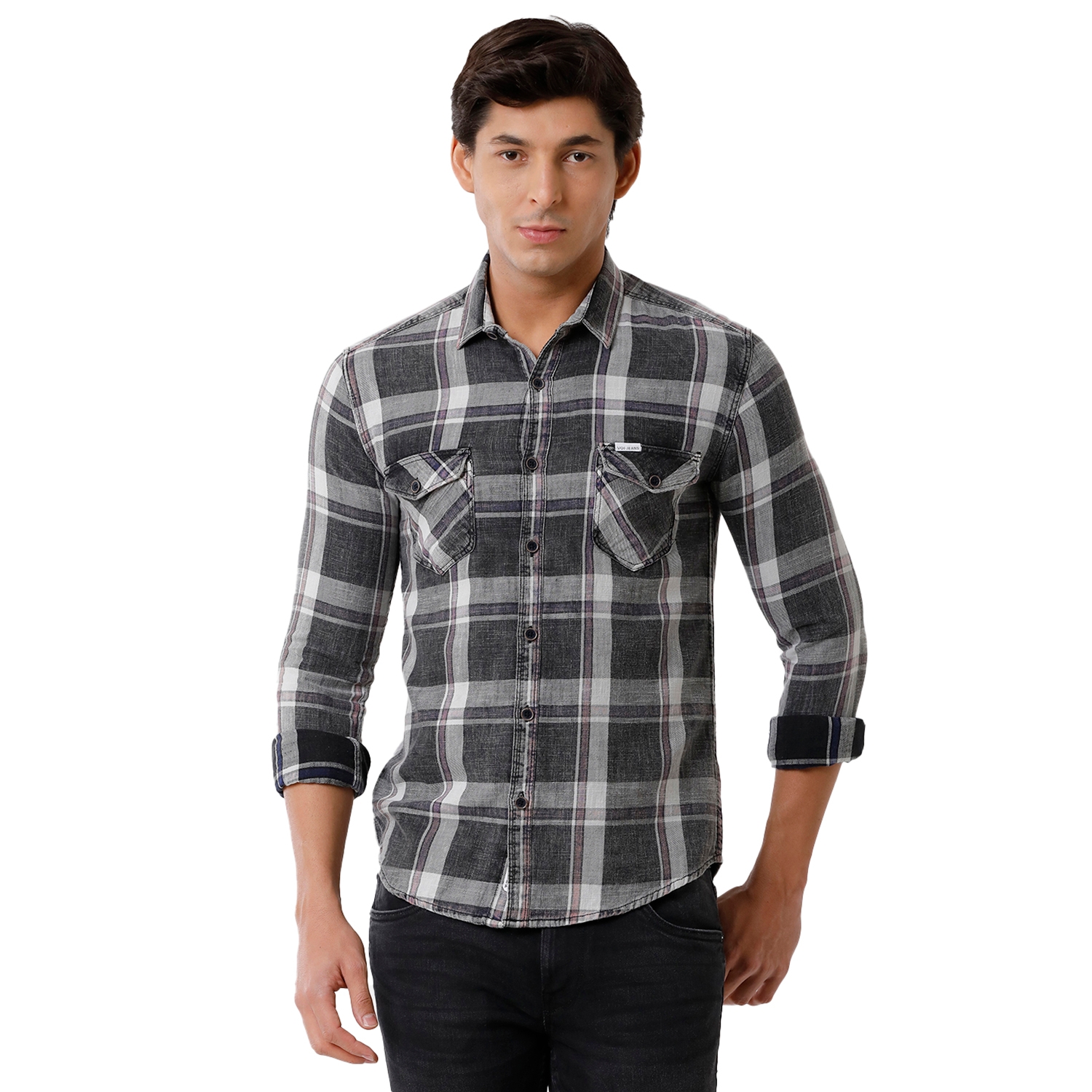 Voi Jeans | VOI Jeans Men's Charcoal Grey 100% Cotton Slim Fit Checked Casual Shirt