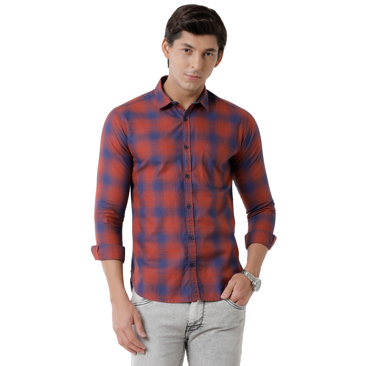 Voi Jeans | VOI Jeans Men's Indigo & Navy colour 100% Cotton Slim Fit Checked Casual Shirt