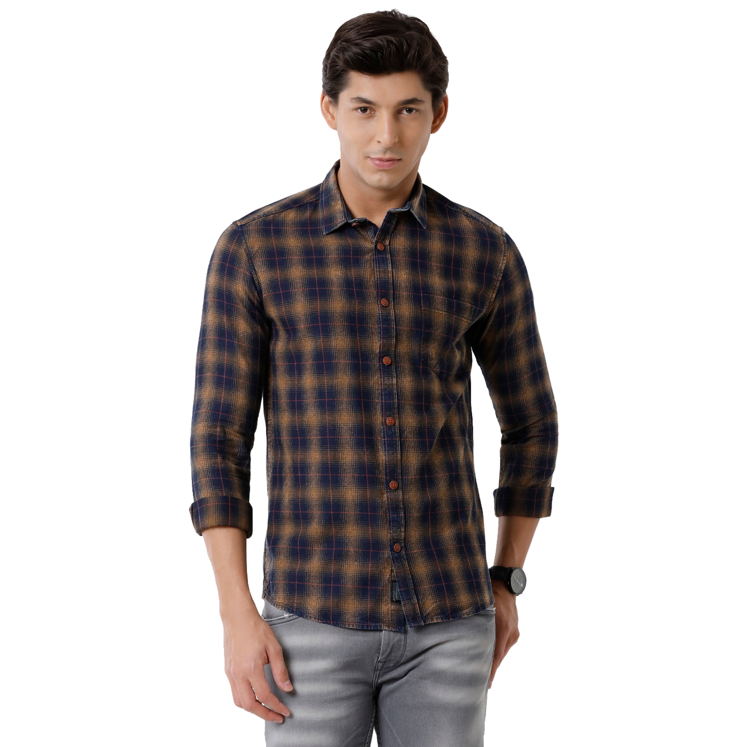 Voi Jeans | VOI Jeans Men's Indigo & Mustard 100% Cotton Slim Fit Checked Casual Shirt