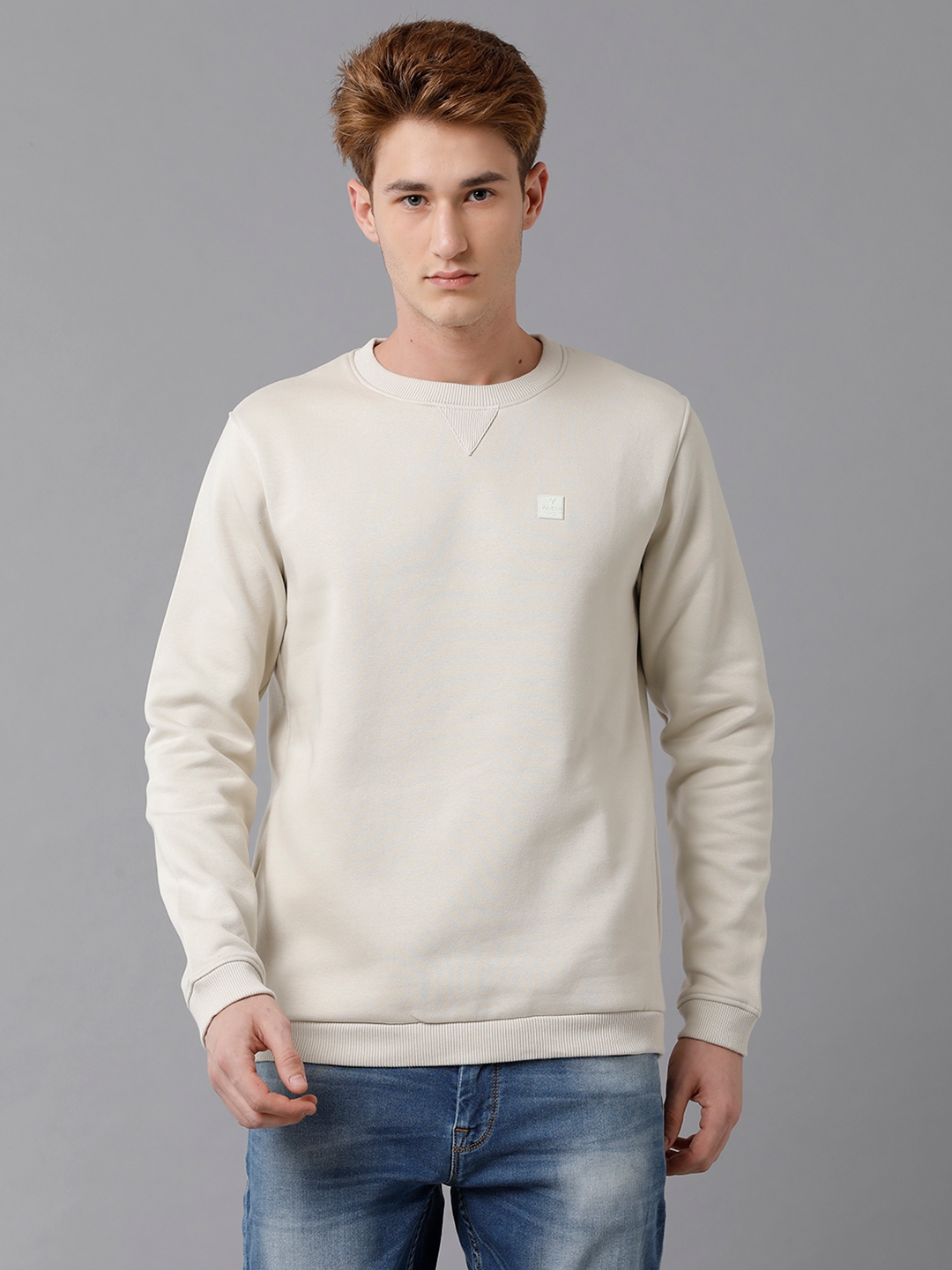 VOI Jeans Men's Solid Khaki Brushed Fleece Regular Fit Sweatshirt