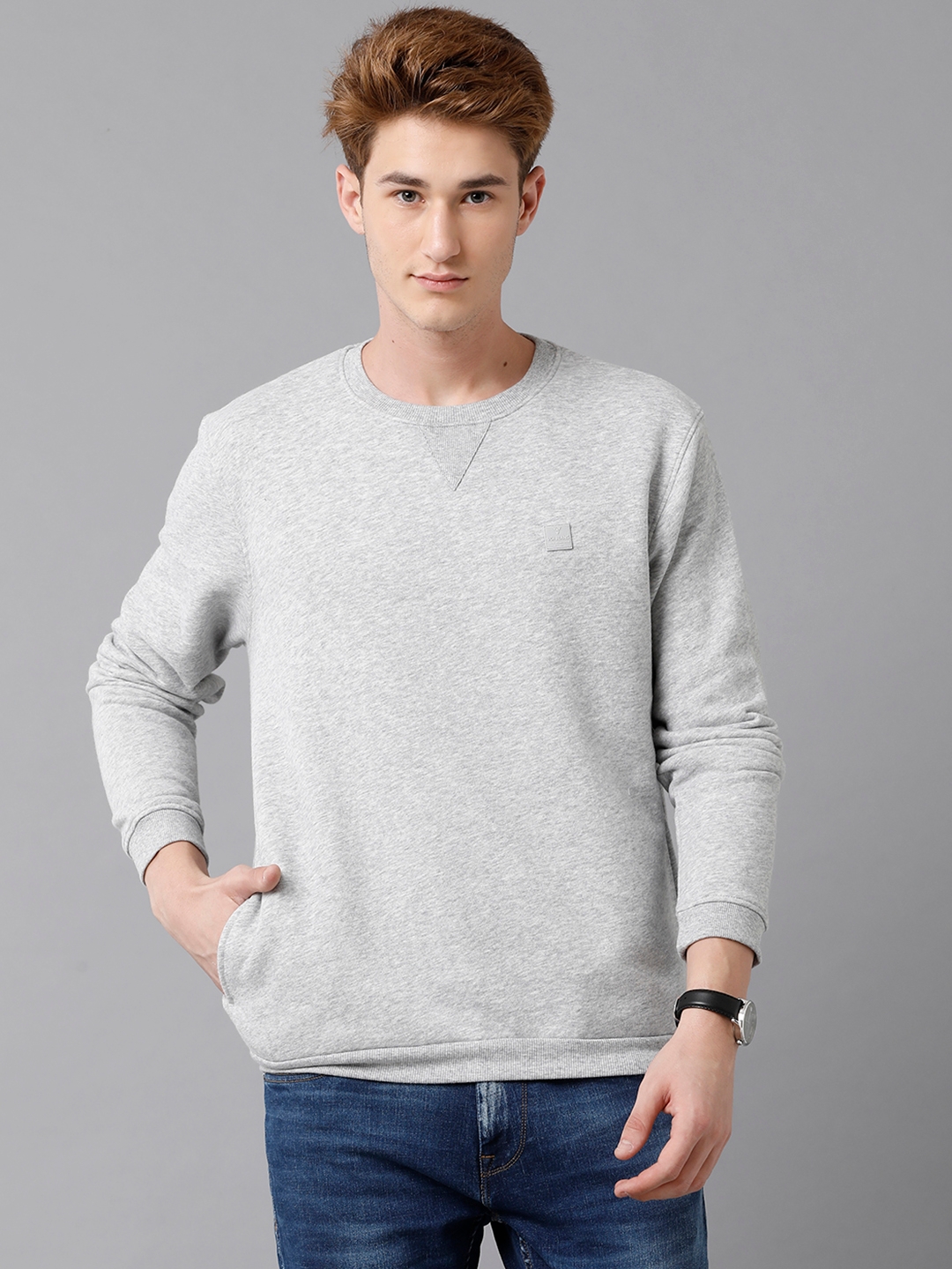 VOI Jeans Men's Solid Grey Brushed Fleece Regular Fit Sweatshirt