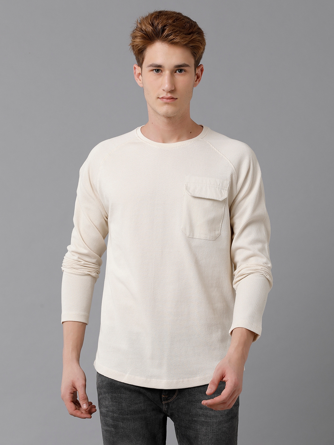 VOI JEANS Men's Self Textured Off-White Cotton Blend Full Sleeved T-Shirt