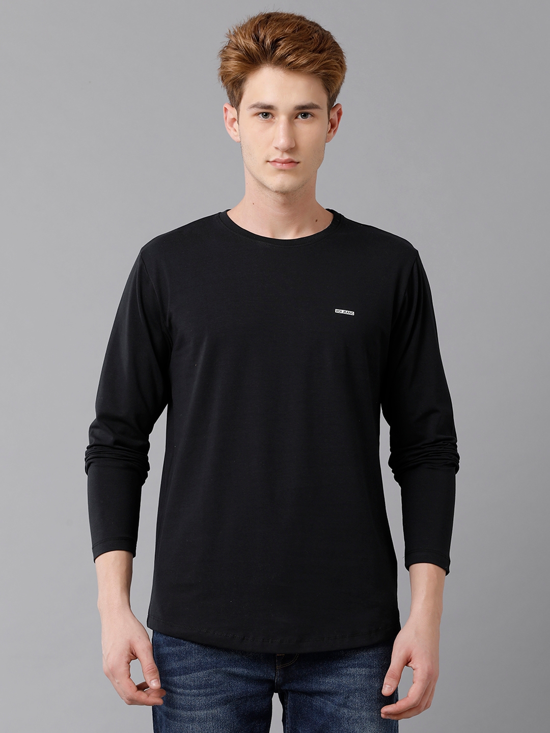 VOI JEANS Men's Solid Black Cotton Blend Full Sleeved T-Shirt