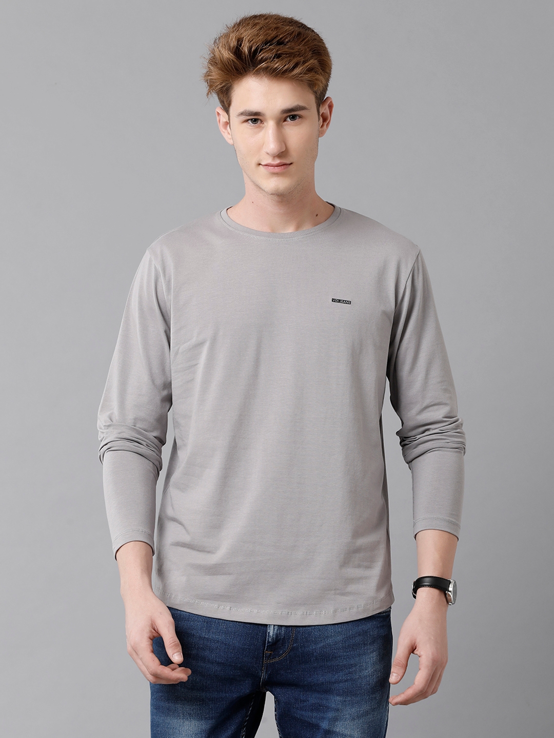 VOI JEANS Men's Solid Grey Cotton Blend Full Sleeved T-Shirt