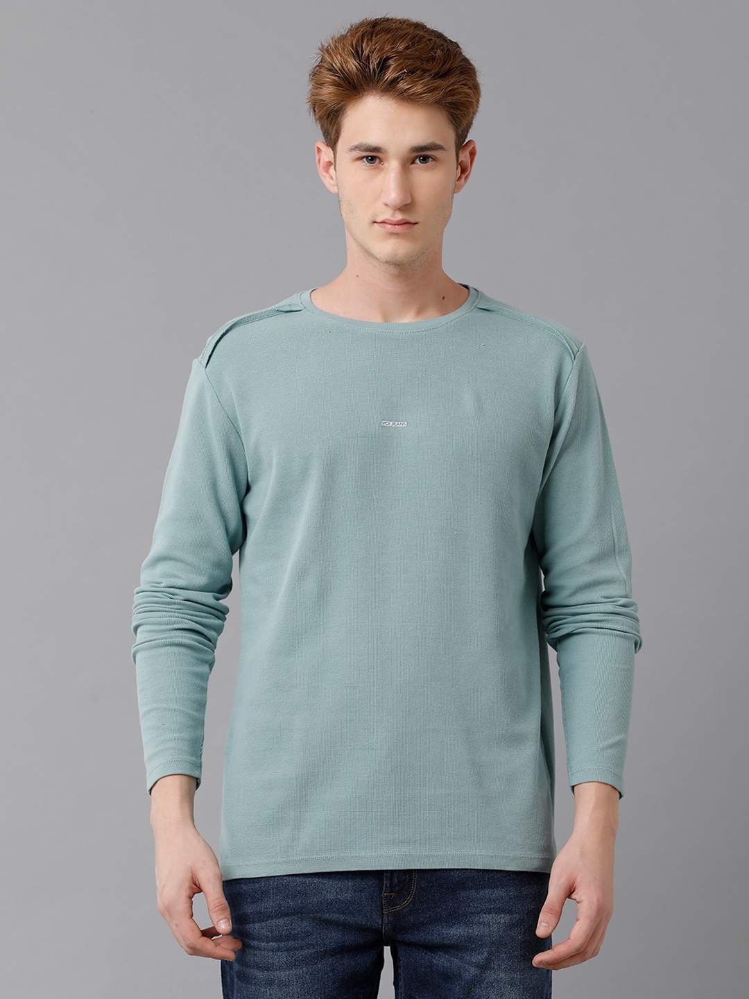 VOI JEANS Men's Solid Blue Cotton Blend Full Sleeved Regular Fit T-Shirt