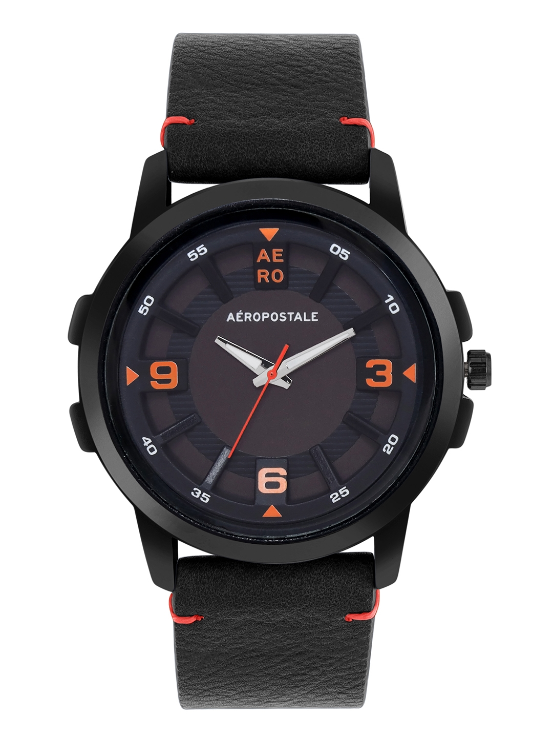 Aeropostale "AERO_AW_A6-2_BLK" Classic Men’s Analog Quartz Wrist Watch, Black Metal Alloy case, Classic Black Dial with contrasting Red white hand, Leather  wrist Band  Water resistant 3.0 ATM.