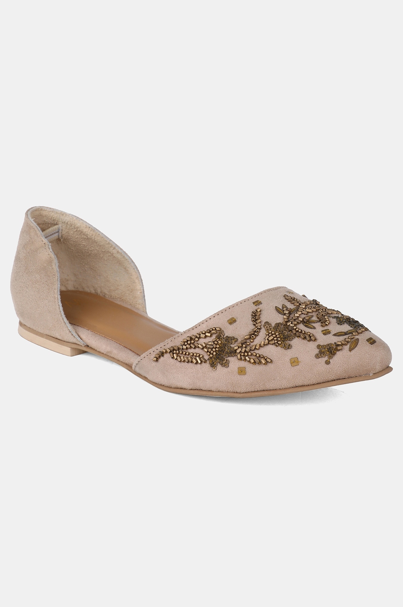 W | W Beige Pointed Toe Embroidered Flat
