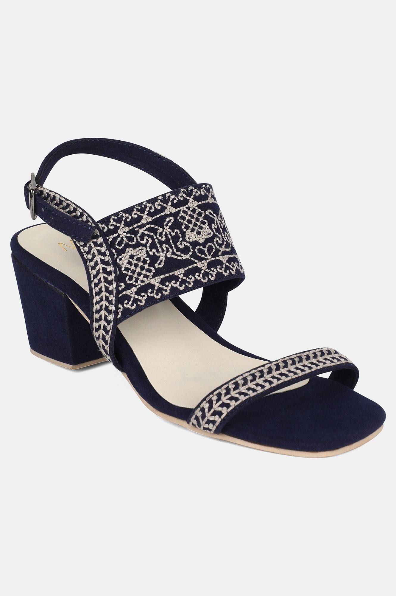 W | W Navy Square Toe Embroidered Block Heel