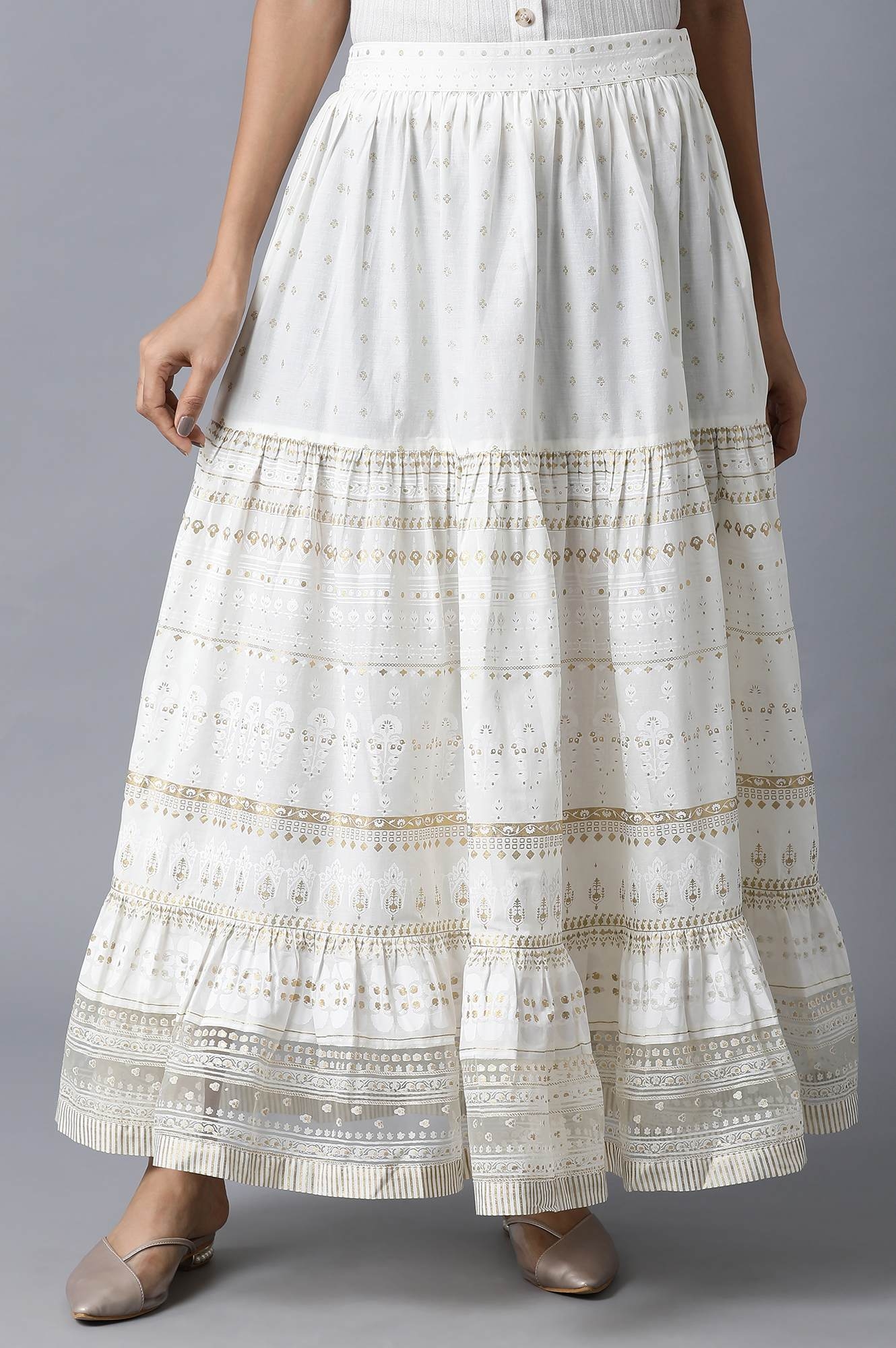 W | Ecru Printed Gathered Skirt