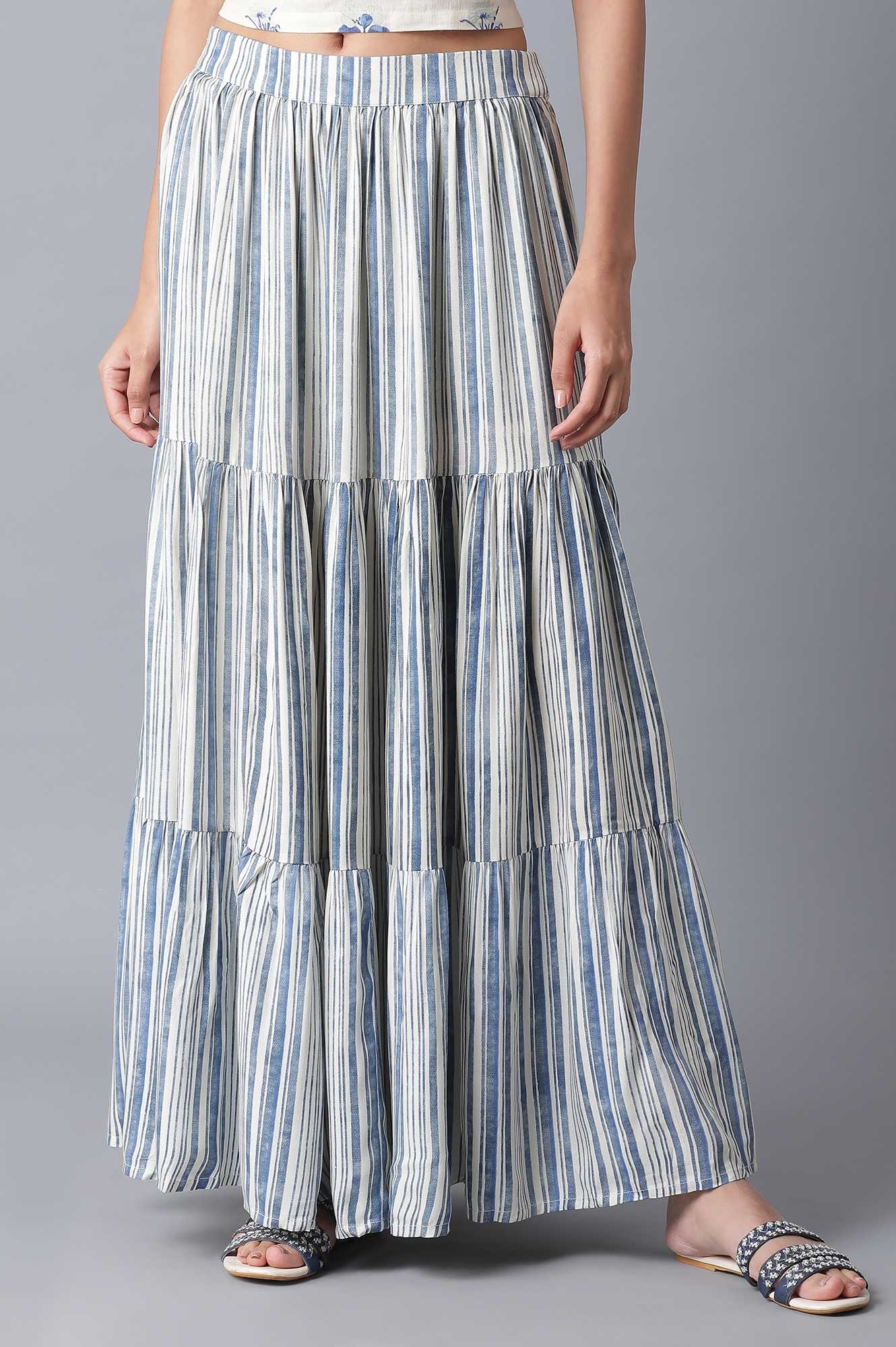 W | Ecru and Blue Stripe Print Tiered Skirt
