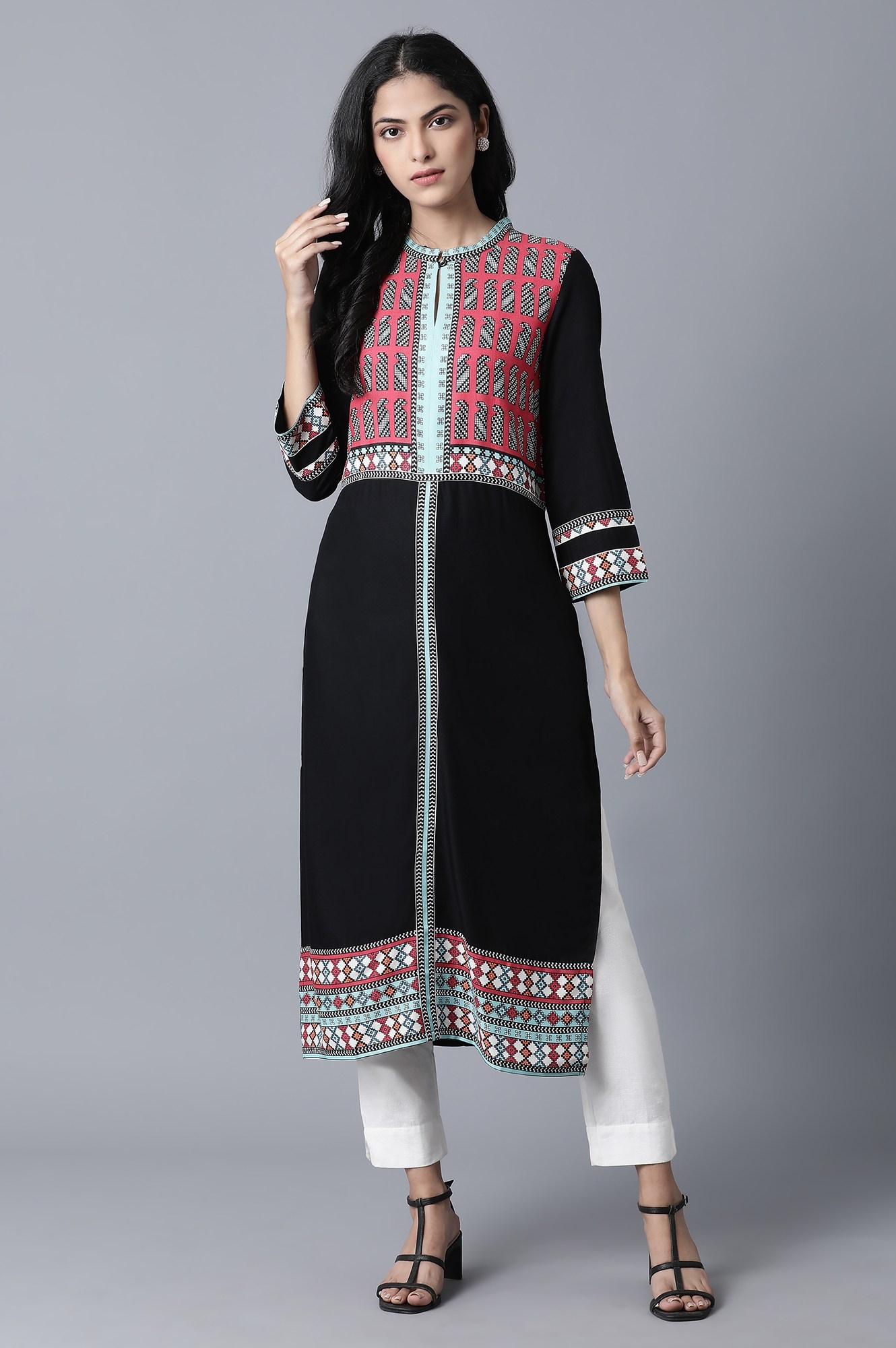 W | W Black Kurta with Multicolor Placement Print