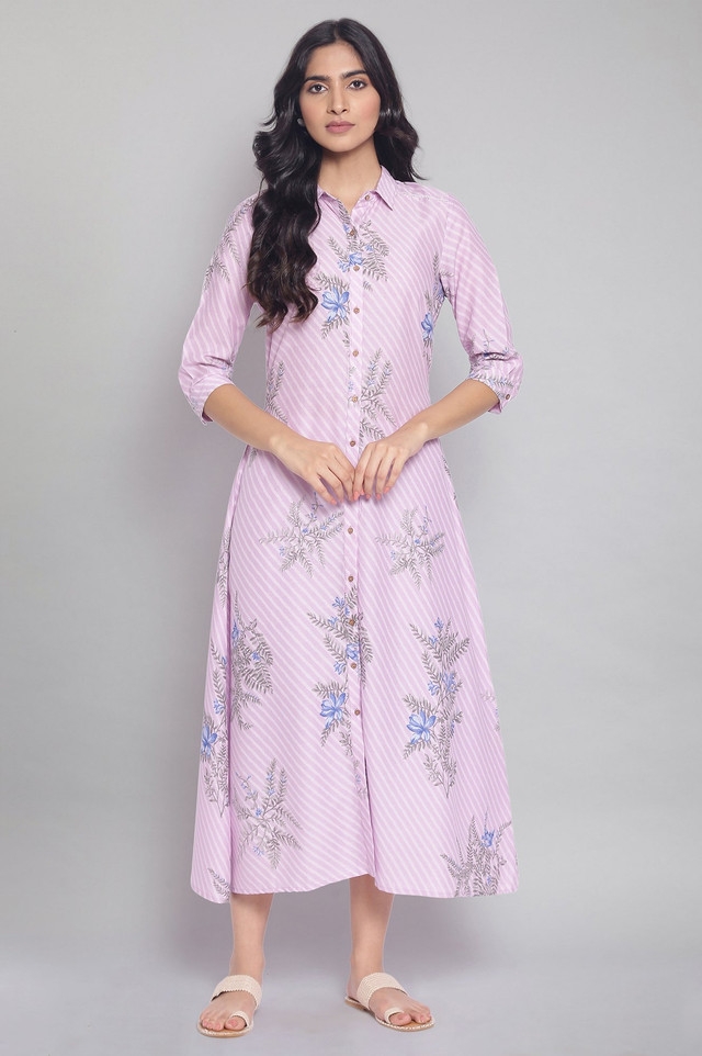 W | Light Pink Floral Print Shirt Collar Dress