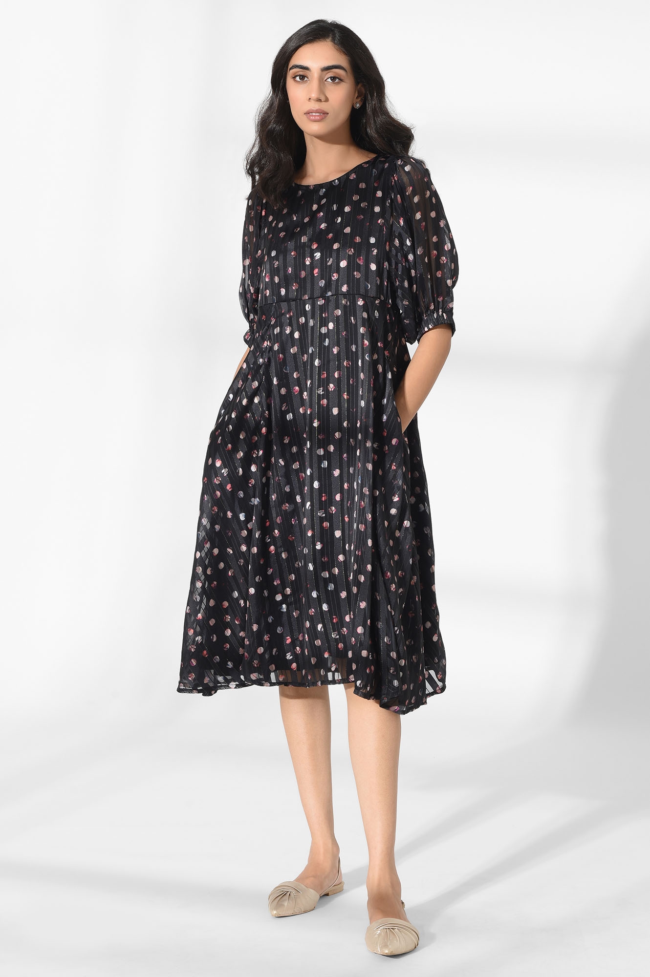 W | W Black Lurex Stripes Textured Dress
