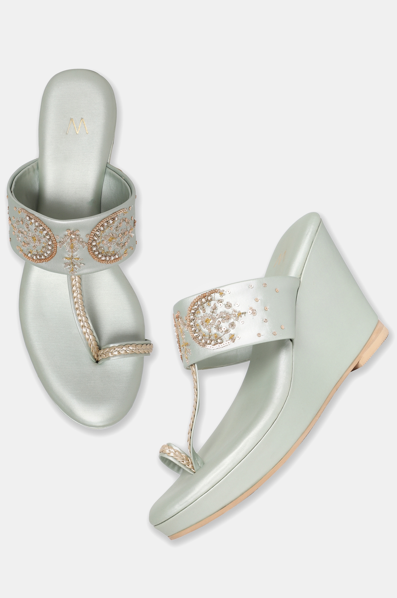 W | W PASTEL GREEN Whole Foot Embroidered Almond Toe Wedge